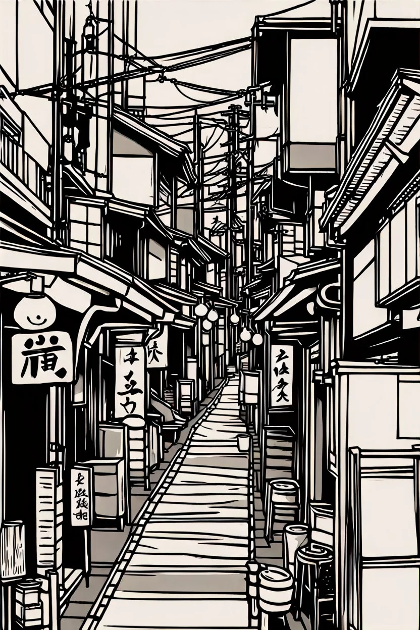 Japanese alleys, greyscale, thin line arts