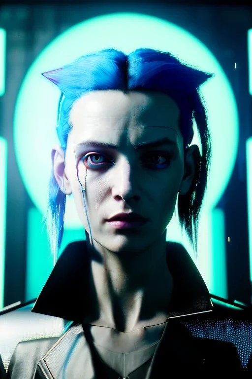 Cyberpunk portrait, pretty British woman:: symmetry photography, cyberpunk, blue long hair, face make-up, black line eye, light iris eye, :: kenzo fashion style, coat :: cinematic, Ultra realistic, dark scene, soft color, highly detailed, unreal engine 5, RTX, ultra detail, 3d, finely drawn, high definition.