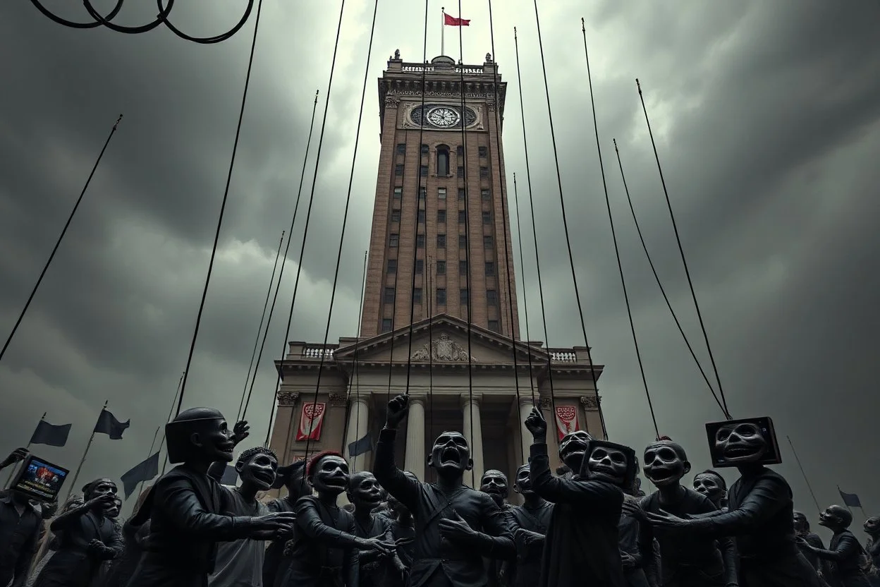 a cruelly oppressive government towers above, pulling the strings of puppets below, the news broadcasts the puppets' suffering everywhere, dystopian, dread, horror
