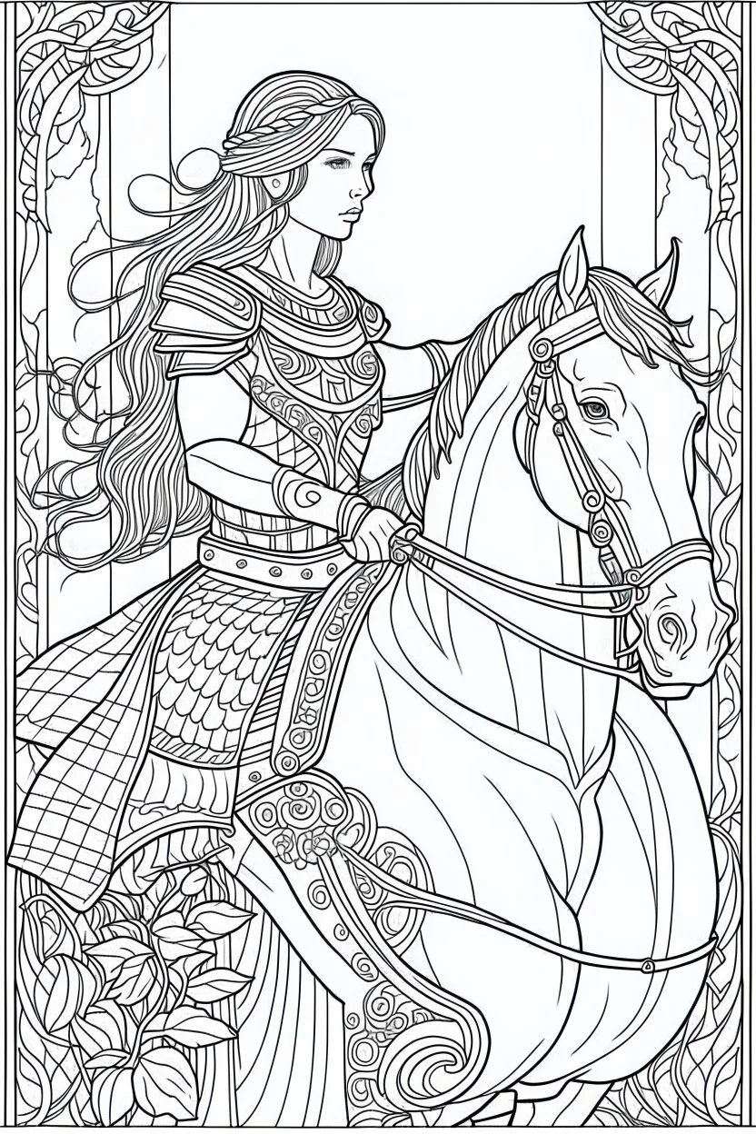 Fantasy coloring page, minimal detail. HD. Woman with knight