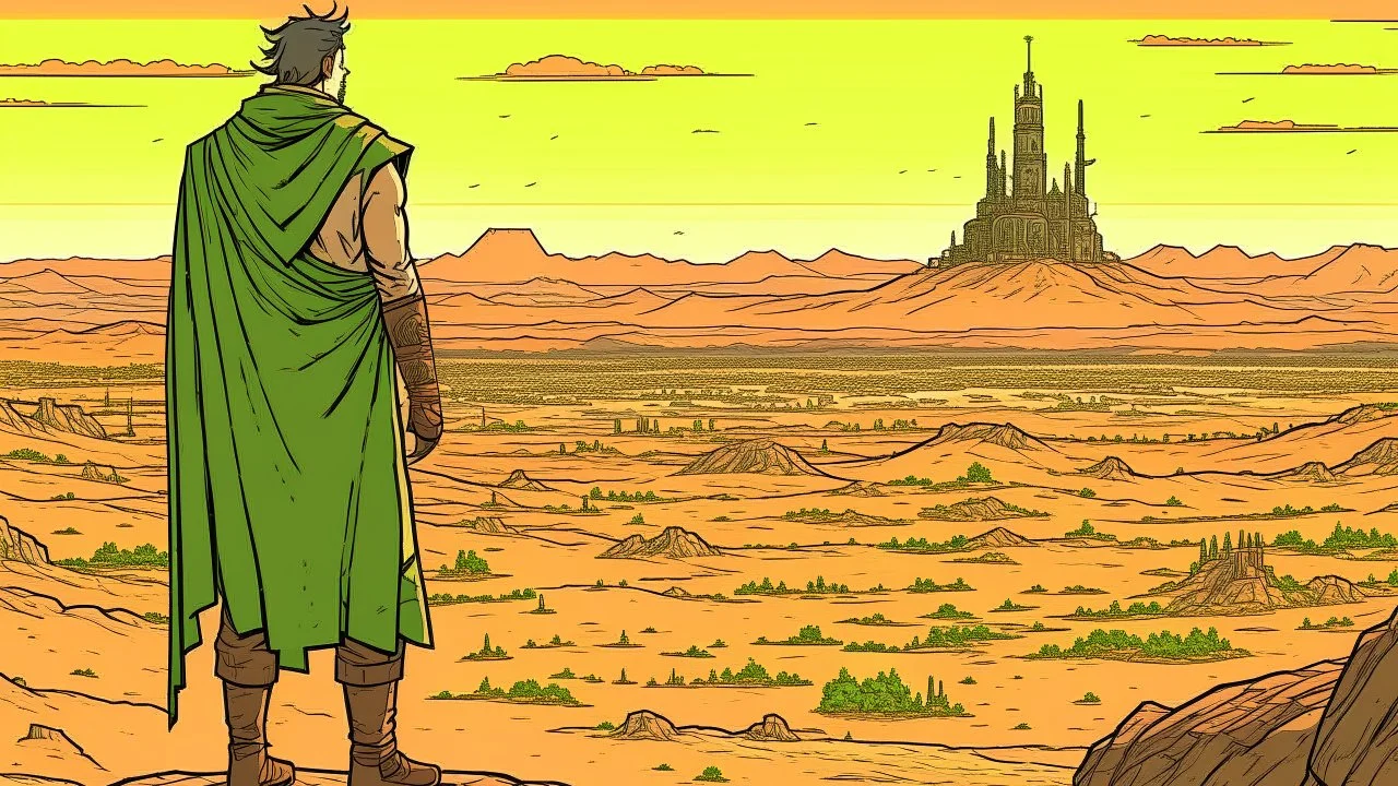 Desert warrior from behind looking at a city on a plateau in the distance, comic style