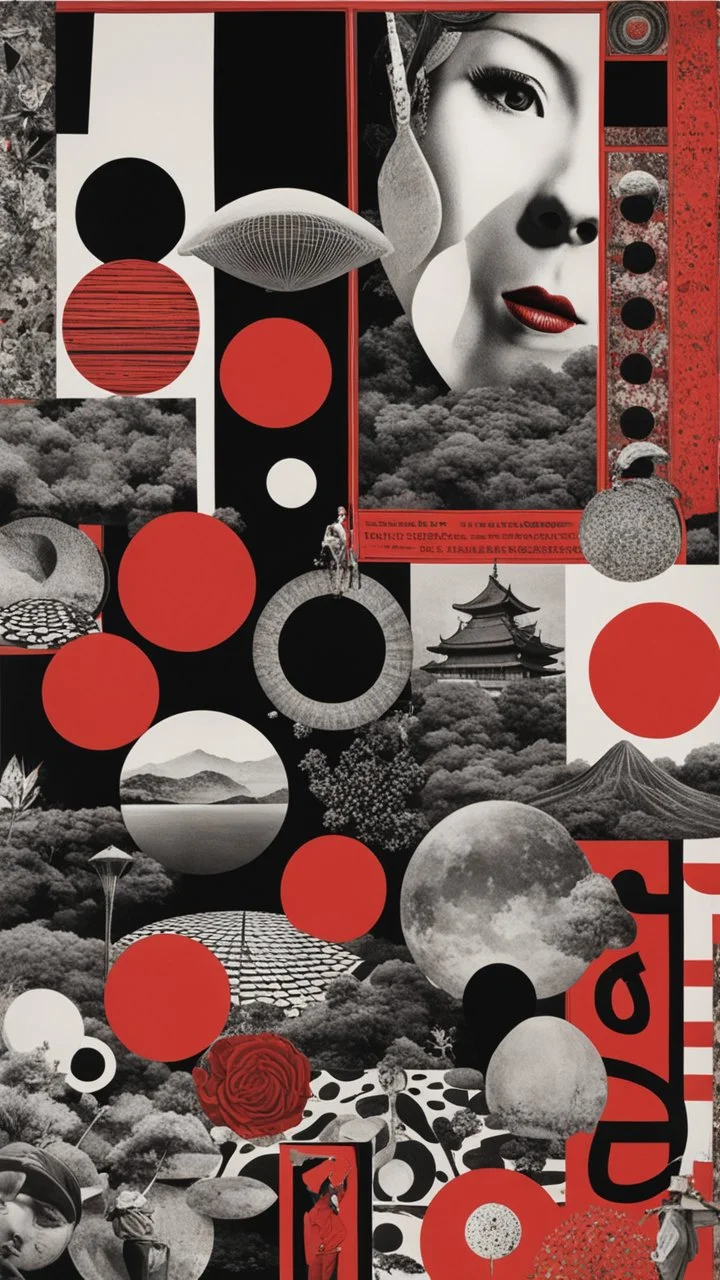 surreal collage art crafted from vintage Japanese magazines poster Novell , art composition by kusama, sci-fi elements , Alice's Wonderland, black and white and deep red