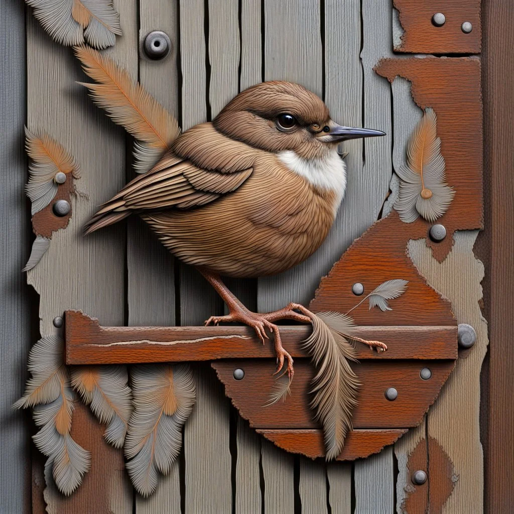 Small brown wren with intricate feathers perched on a weathered barn door, the door is cracked and rotting with a rusting handle, intricate woodgrain patterns with peeling paint, rusted bolts, deep textures, acrylic art, highly detailed