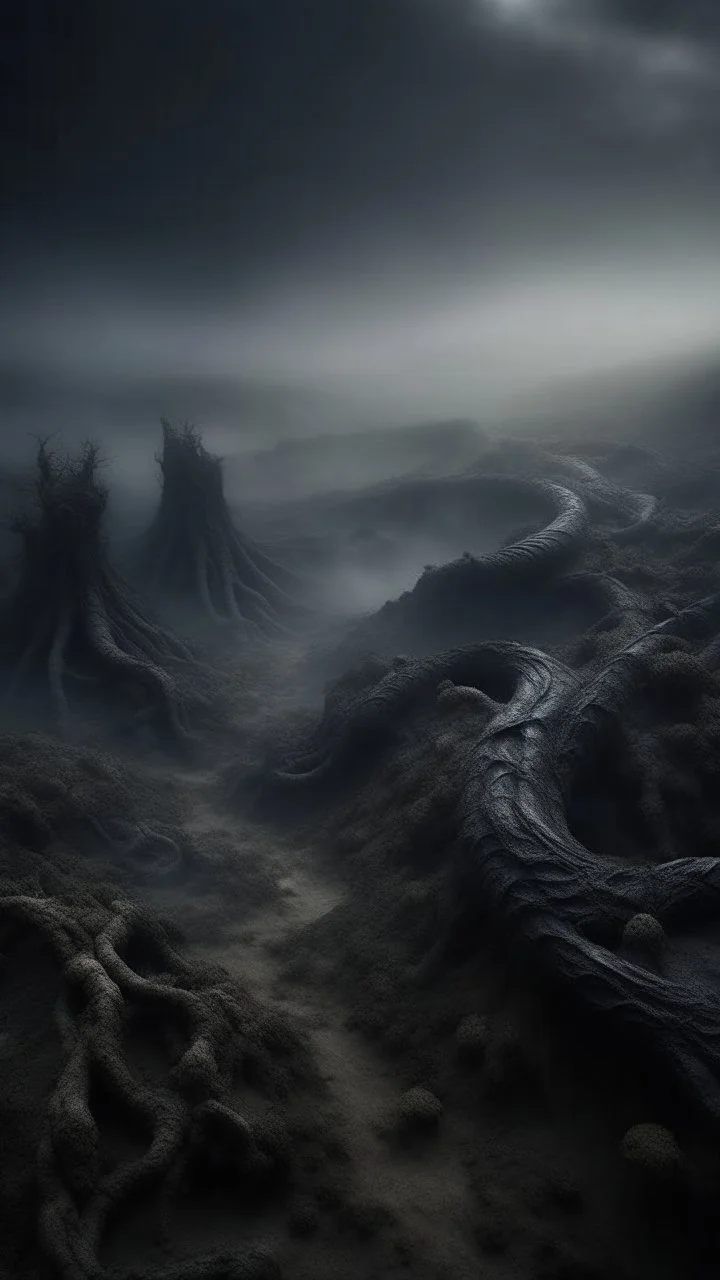 ,surrealism of the dark of a nightmare ten miles high and six foot deep, hyper photorealistic, hyper detailed dark art color, high resolution, fog, octane render, tilt shift, HDRI Environment, all pictures dark gray