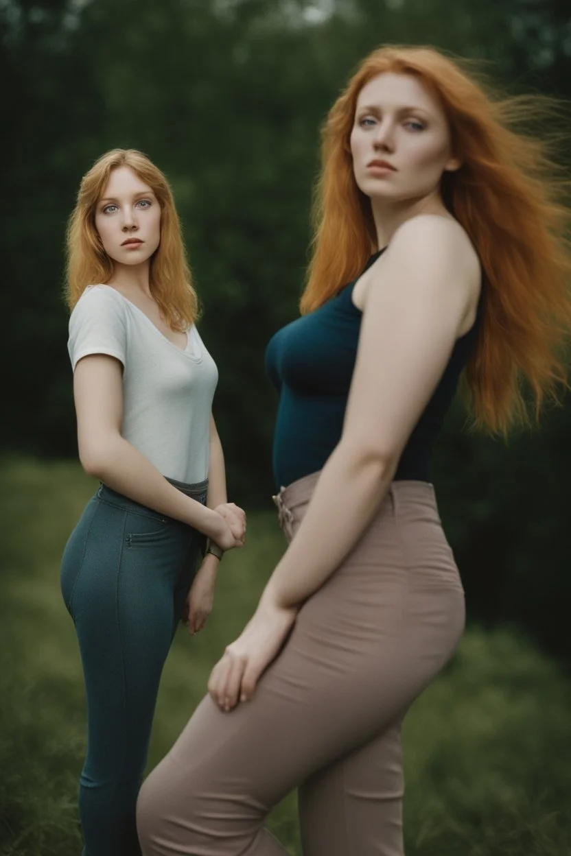 Create a portrait of two young women with different faces. Standing pose. One is slim and high with blond hair and blue eyes, and the second one is chubby and small with ginger hair and green eyes. Women look into eyes each other. Photo taken by a Mamiya M645 camera with a portrait lens on classic medium-format film