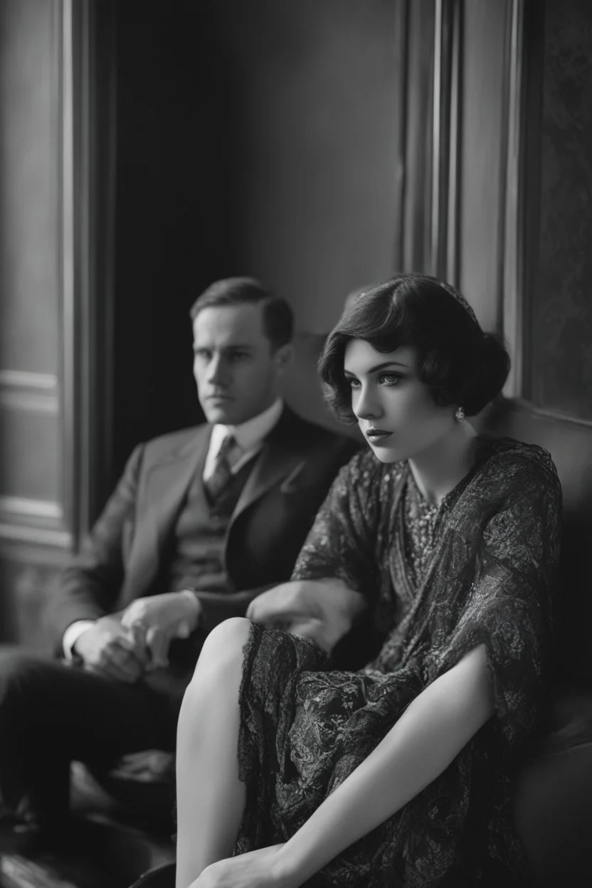 Up close Black and white photo of a serious couple sitting for portrait shoot in the 1920s