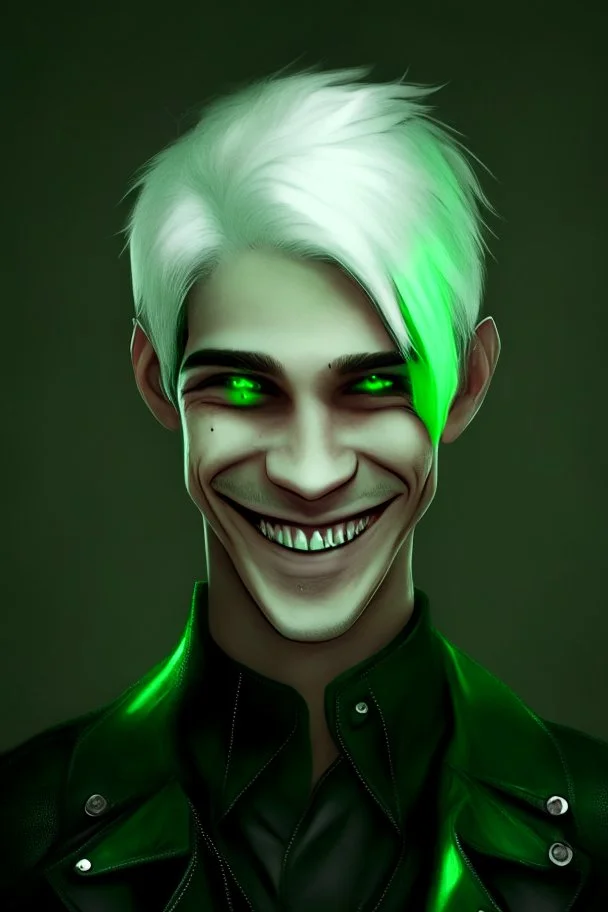 plauge doctor in balck leather clothes with silver hair, pale skin and bright green eyes smiling with sharp teeth, nice young face