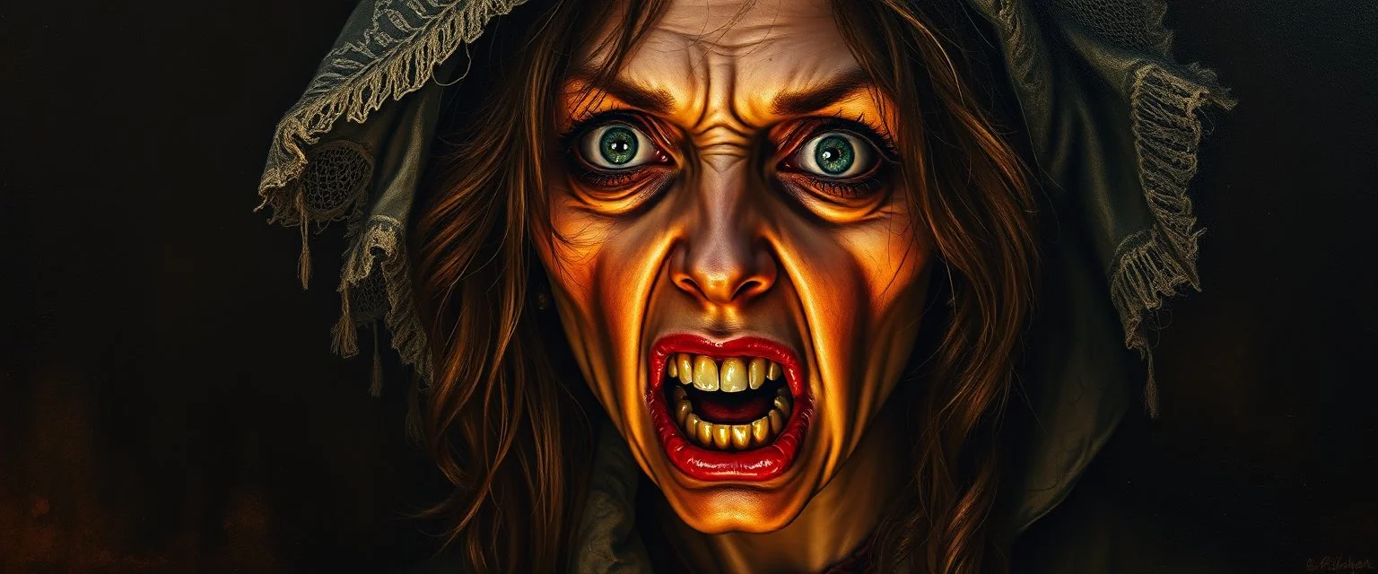 master oil painting by Rembrandt, scary ai woman loab