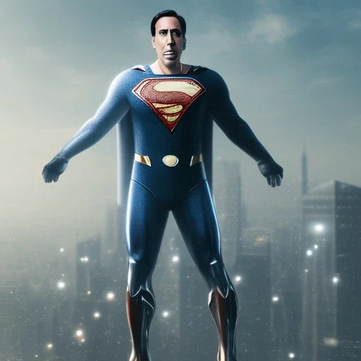 nicholas cage as superman, dramatic, cityscape background, dramatic lighting, volumetric lighting, hyperrealisme, 8k, high quality, photorealistic, lot of details