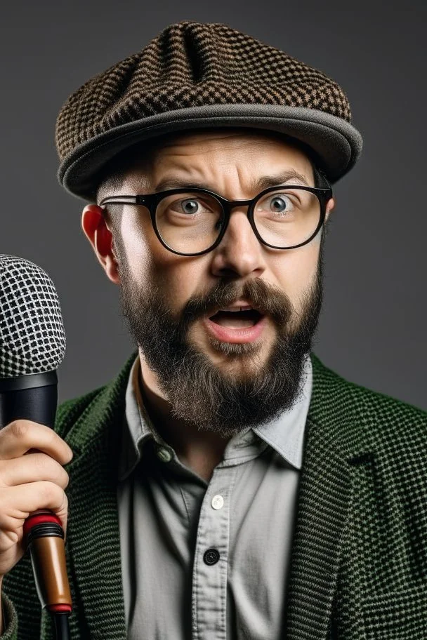 Man fires up with a microphone in his hand, wears glasses, hat, small beard, looks like a clog.