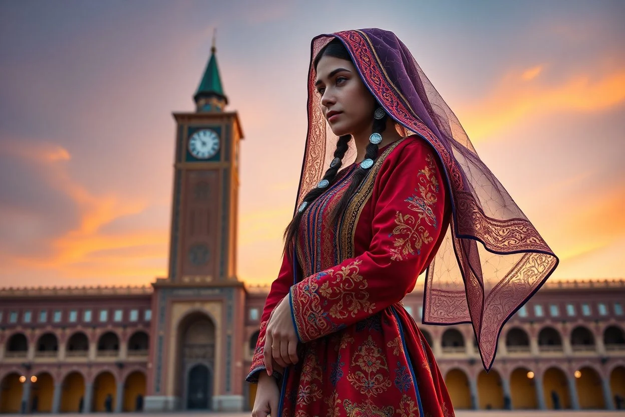 "A hyper-detailed digital painting of a young woman in traditional Azerbaijani folk costume standing in Tabriz Saat Square. She wears a floor-length crimson, gold, and sapphire embroidered dress with intricate embroidery, a translucent patterned ropush (scarf) draped over her head revealing braided hair with silver guppu (coins). The composition follows the rule of thirds, with the 19th-century clock tower framing her silhouette against a gradient sunset sky of tangerine and lavender. Ultra-deta