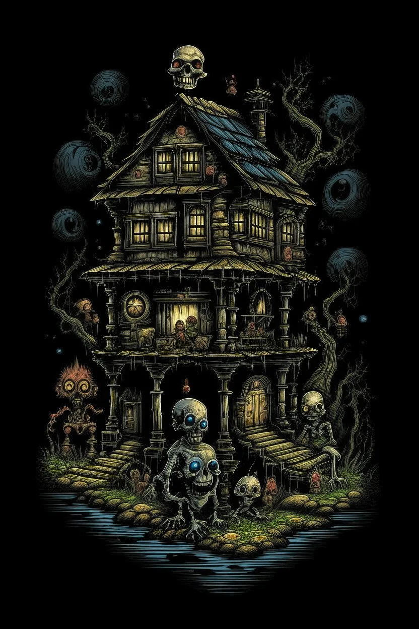 Science experiment Horror Doll house by Richard Corben, Todd Schorr, T-Shirt Design, Black Background