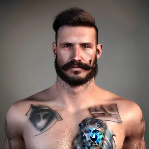 A waist to head shirtless muscular man with gang tattoos all over him and lots of chest hair, and ripped jeans. He has sunglasses, a towel around his shoulders, and a blonde moustache