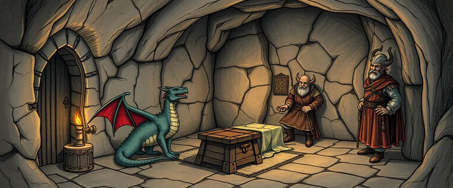 book illustration, artist drawn fantasy map of 4x4 meter room, with a young dragon and an orc captain, and a chest under a table, the room is rough and cavelike, we also see mapping of the corridors around the room