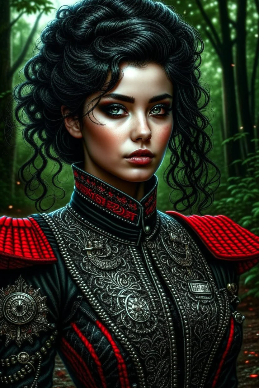 dull body, depth of field, photorealism, downlight, Magic camping site, beautiful, ornate dress uniform, black wavy hair, enchanted fantasy, cinematic composition, very detailed red machine components, one camera lens eye and shiny black hair, hazel green eyes, 24k, ornate, intricate, complex, digital painting, smooth, art by royo and tom bagshaw.