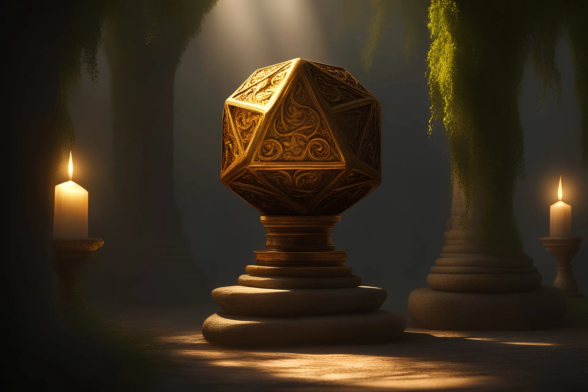 small gold d20 on a stone pedestal with harsh spotlight in an ancient vine covered temple fantasy art