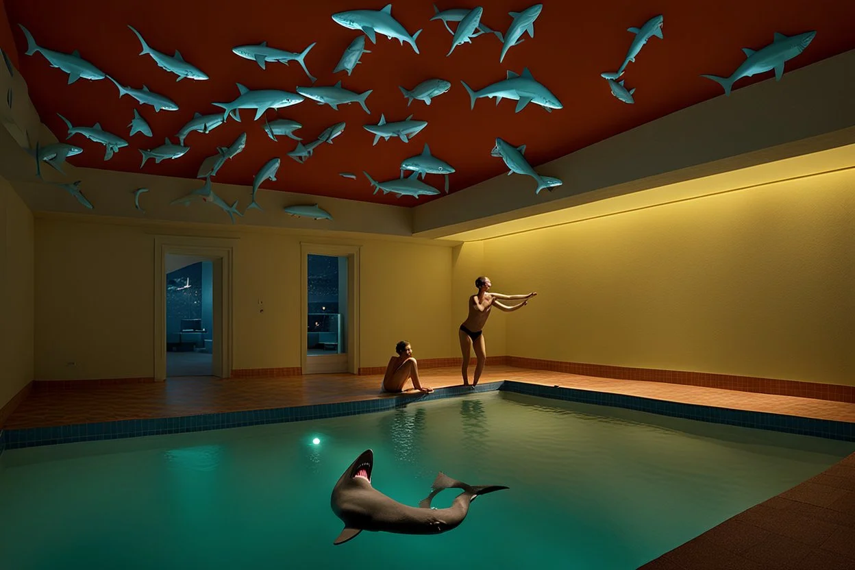 Swimming at night in a pool with incandescent sharks by artist "Sandy Skoglund",by artist "Hundertwassr",by artist "Victor Enrich"