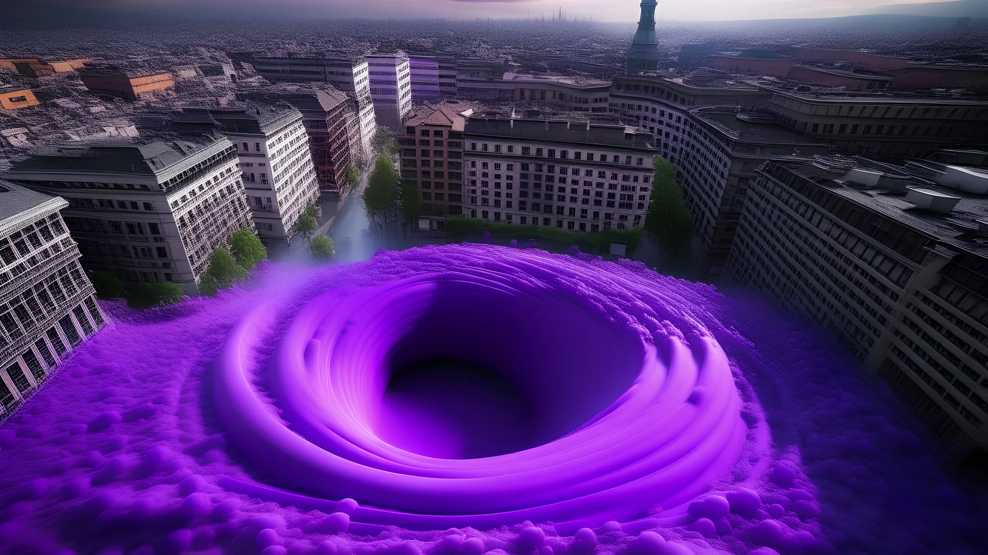 A purple vortex in the middle of a city, sucking everything into it, wide shot