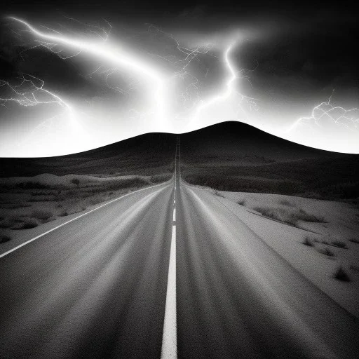 desert, storming, lightning, rain, dunes, black and white, road, landscape