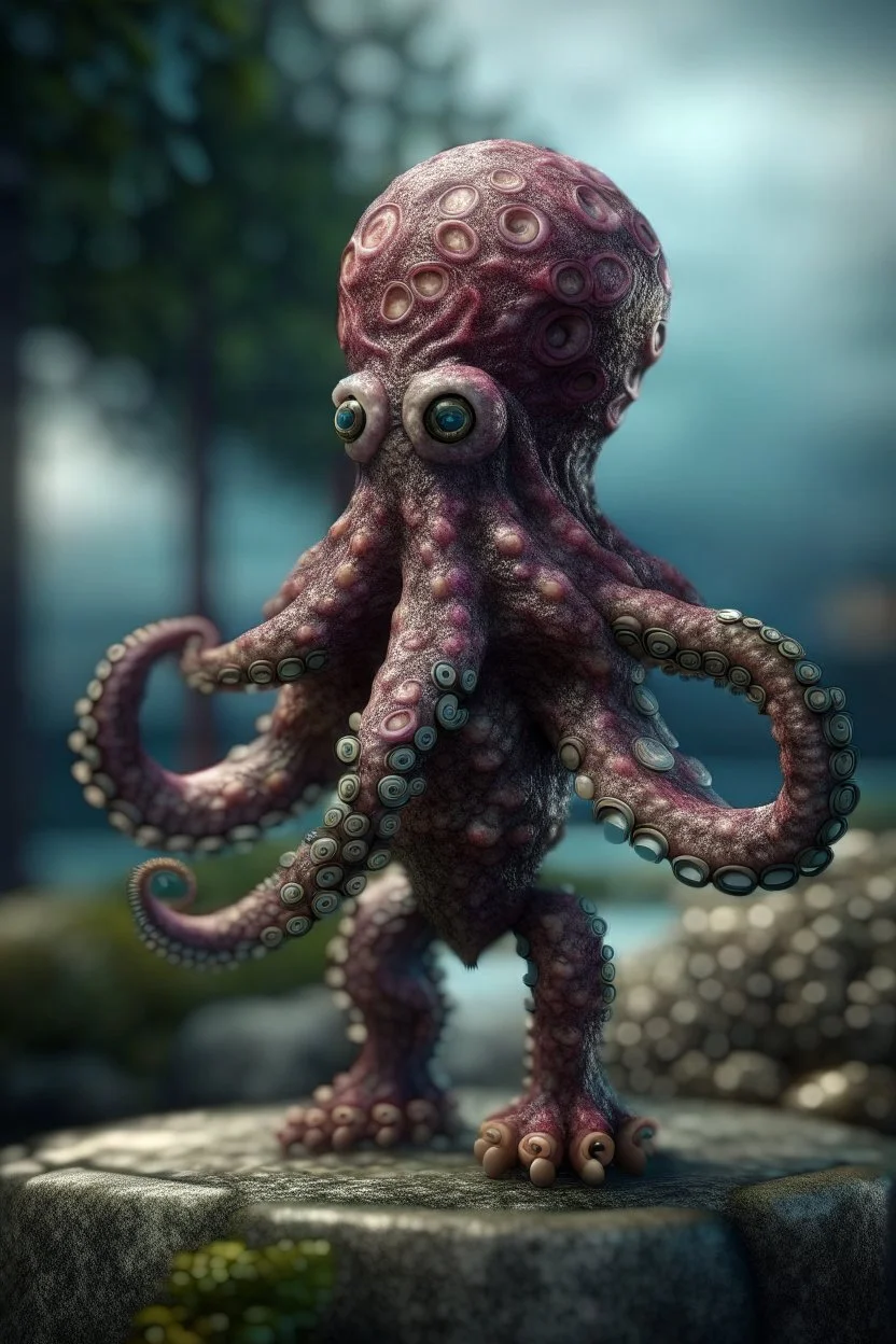 portrait of hairy octopus with human head dancing round a stone pole, in the style of fantasy movies, photo-realistic, shot on Hasselblad h6d-400c, zeiss prime lens, bokeh like f/0.8, tilt-shift lens 8k, high detail, smooth render, down-light, unreal engine 5, cinema 4d, HDR, dust effect, vivid colors, smoke, dust, fireflies