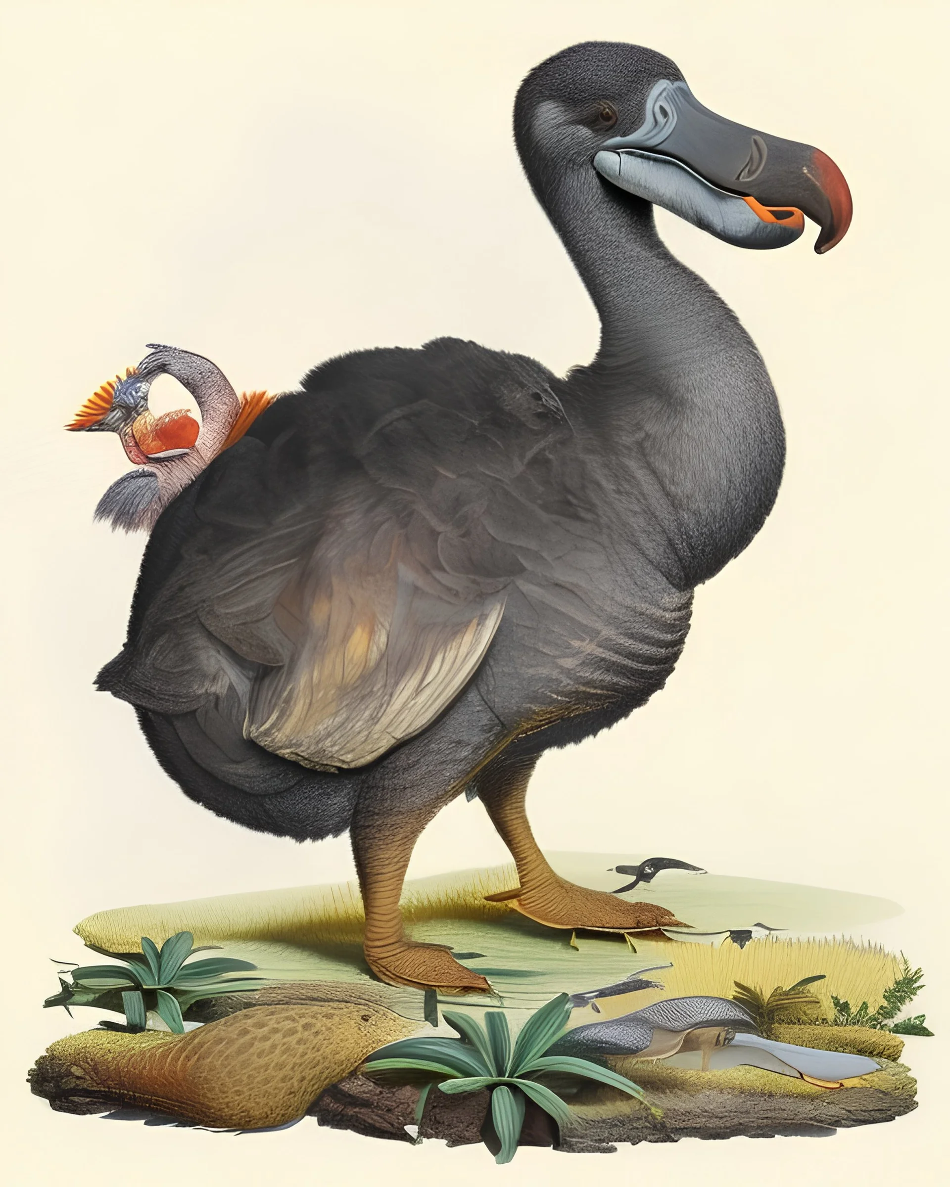 John James Audubon-like illustration of a fully uncropped Dodo bird and a Platypus in a landscape of warm yellows, warm reds, and warm blues