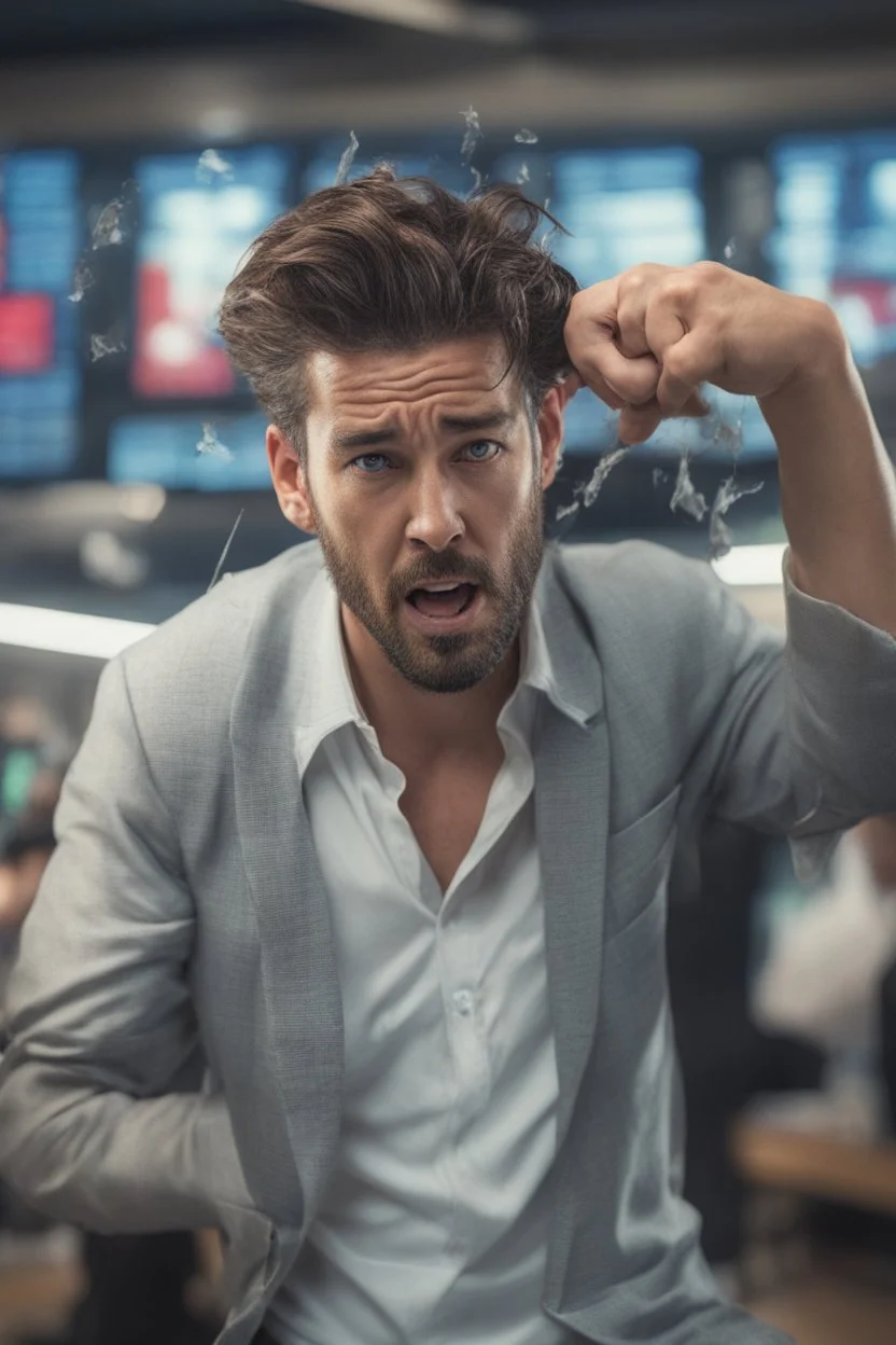 A stock market for ground image, highly realistic, a sudden drop or decrease of stocks, a guy in the background pulling out he's hair of frustration , realistic, 8k