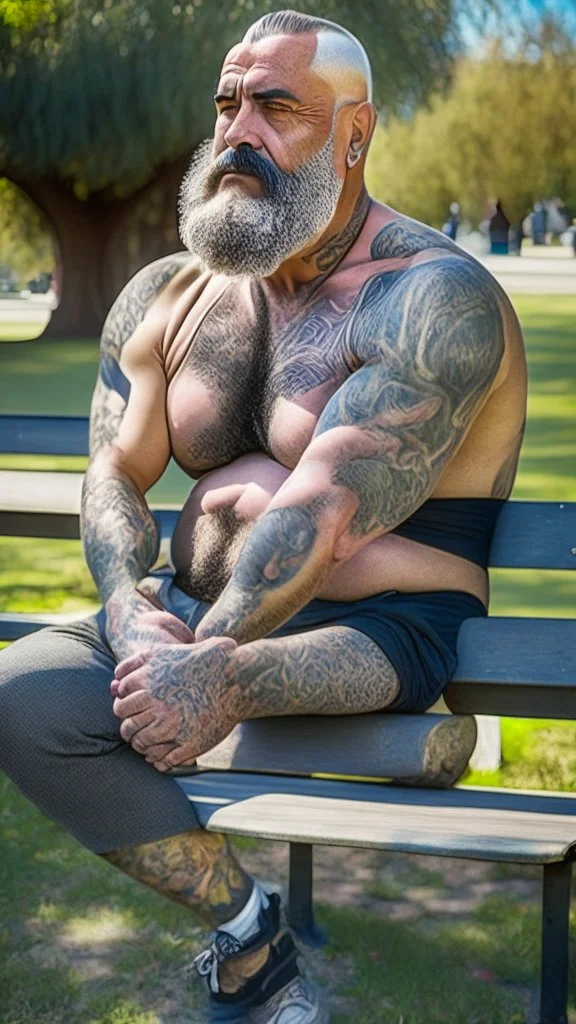 full body shot photography of a tanned ugly chubby sicilian burly chubby man 52 years old, tattoo, shaved hairs, long beard, stained undershirt, grey boxer, manly chest, relaxing sitting on a bench in a public park, outstretched arms, sunlight, photorealistic , relaxed eyes, ultra detailed, Canon EOS, 35mm lens, ground view, view from below