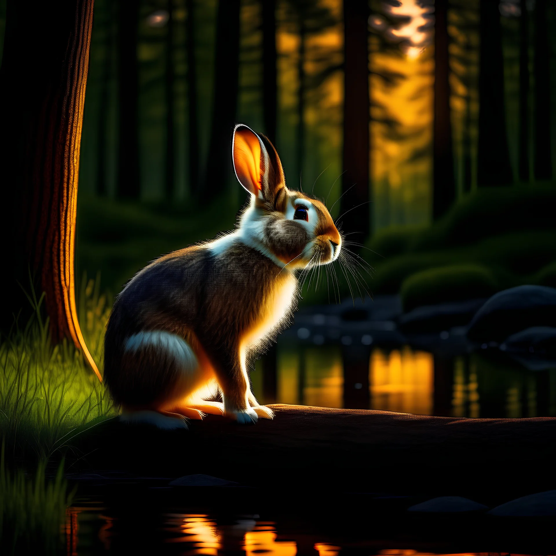 Rabbit in a forest near a lake and 8k lighting