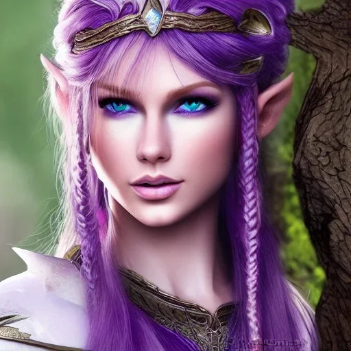 beautiful elven ranger queen with purple armor, delicate cyan braided hair, green glass eyes, white flowing dress, highly detailed, 8k, ambient light, taylor swift