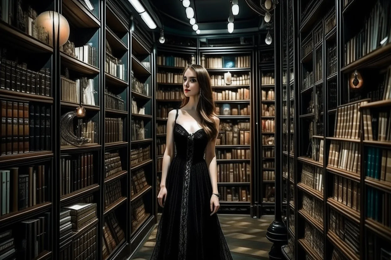 full-height shot of a woman in a tight black dress, inside a large magic book shop, shelving, lights, books, bottles, windows