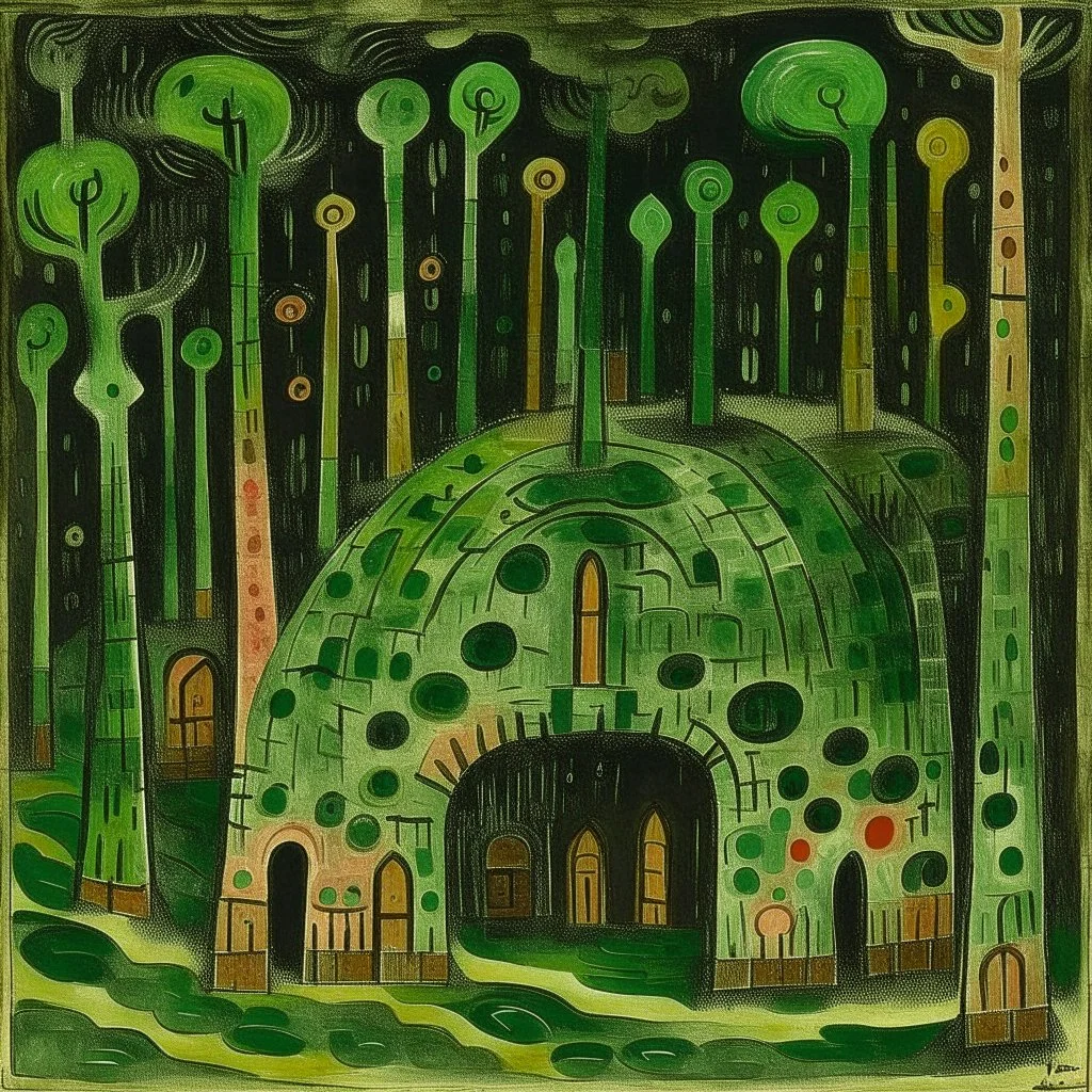 Dark green catacombs covered in slime painted by Paul Klee
