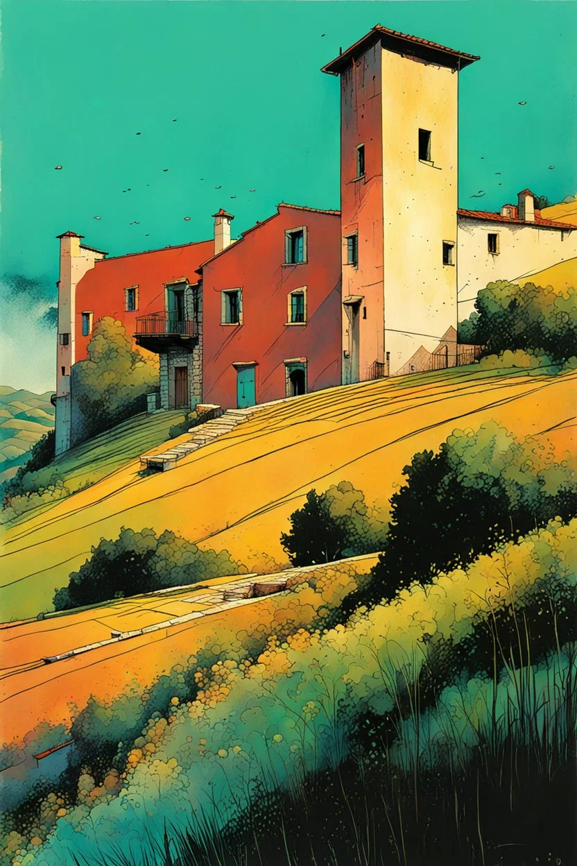 create a wildly abstract illustration of a highly detailed fortified Italian farmhouse in the hills of Tuscany in the comic book art style of Bill Sienkiewicz, and Jean Giraud Moebius, finely textured, drawn, colored, and inked