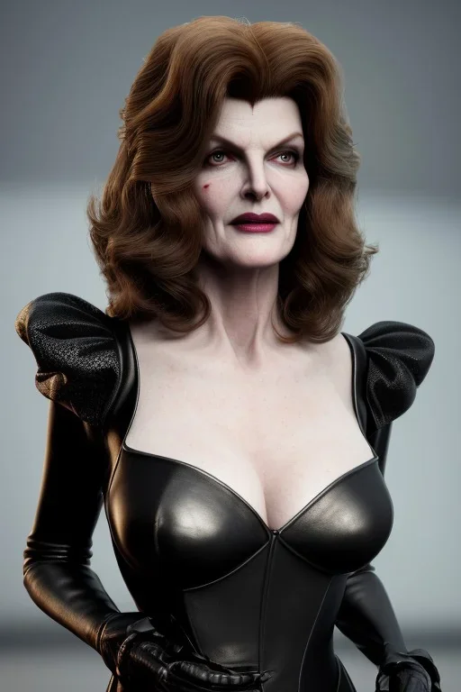 Rene Russo as evil queen in black leather gown, angry, busty, curvey, cleavage, unreal 5, octane render,cinema4d, dynamic lighting, dramatic lighting, 4k, redshift render, highly detailed, hyper realistic