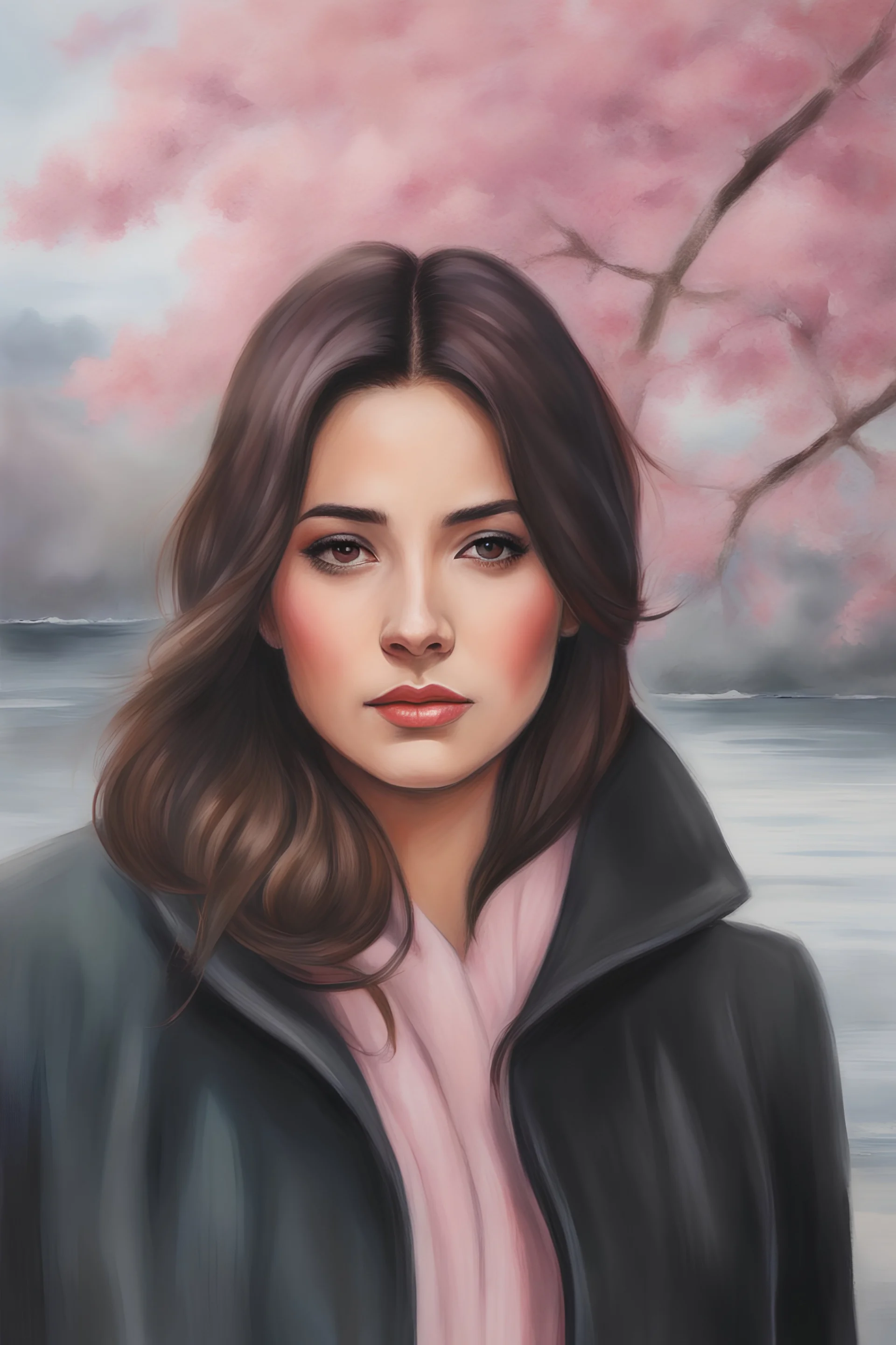 Young woman with large soft pink, lovely face, Dark brown eyes, elegant coat, dark medium hair, photorealistic, triadic colors, soft water colours painting, cherry tree background