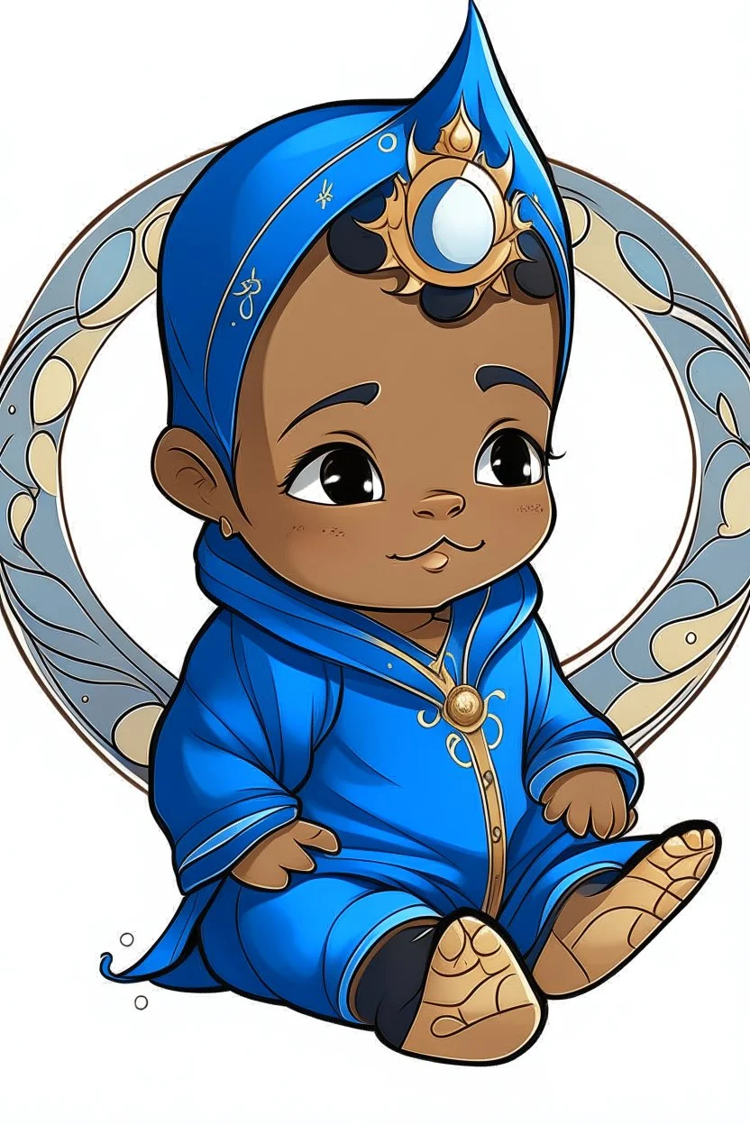 an anime style drawing of a black and asian baby boy. hes wearing blue medieval royal baby onesie. he is sun and moon themed.