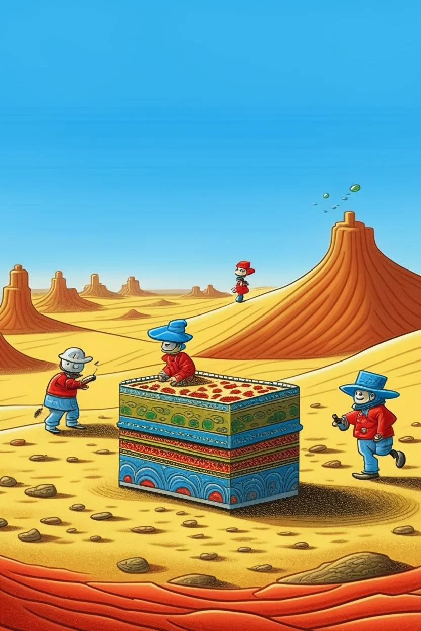 giant old traditional matchbox with pepe on the top smoking in the desert with small people around n the style of Hiroshi Nagai