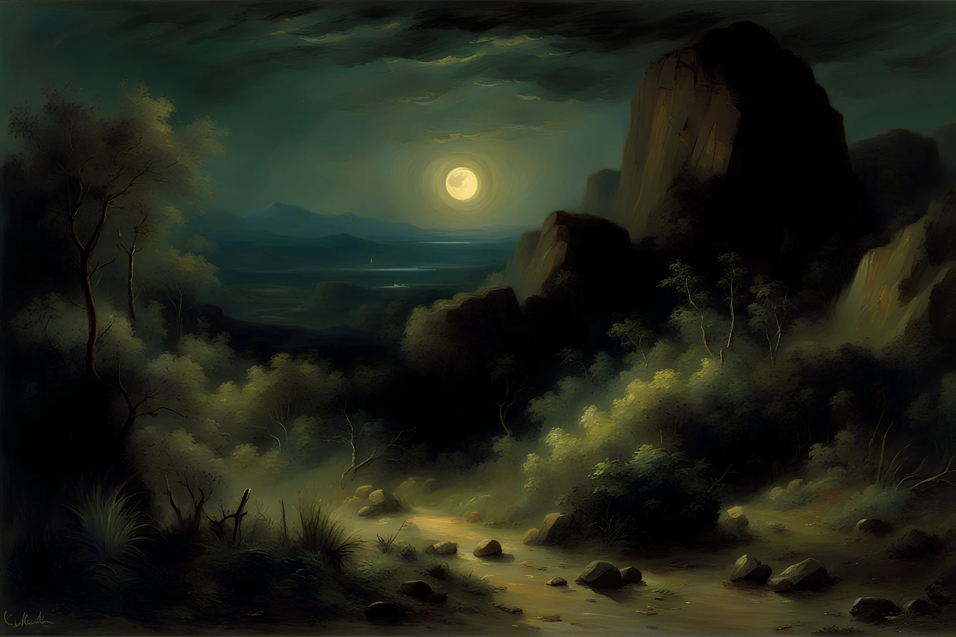 Night, rocks, vegetations, mountains, charles leickert impressionism p