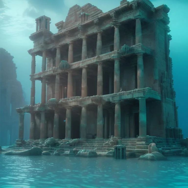 underwater, atlantis temple, ancient with elegant columns, steps, and vaults. the temple is abandoned and the water is murky and dark