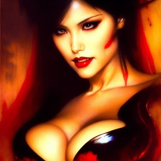 Drawing of beautiful face busty Vampirella,Sweet stare,wet balanciaga fashion clothe painting by gaston bussiere, greg rutkowski, yoji shinkawa, yoshitaka amano, tsutomu nihei, donato giancola, tim hildebrandt, oil on canvas, cinematic composition, extreme detail,fit full head inside picture,16k