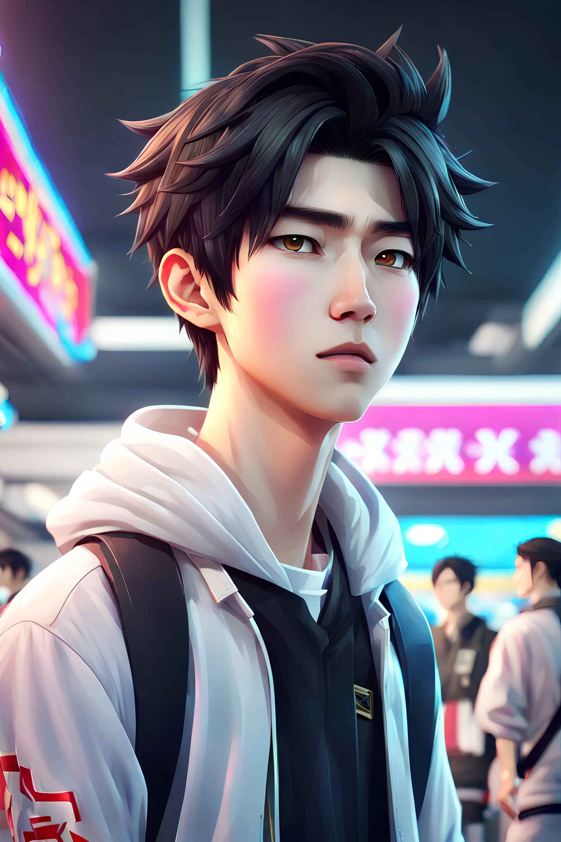 2 cute Asian guy, 2 Anime gamer boy, 20 years old, model looks, black eyes, beautiful, handsome, Wednesday Adam in 8k anime cgi drawing style, Adam family them, neon effect, close picture, highly detailed, high details, detailed portrait, masterpiece, ultra detailed, ultra quality, side view, standing at the airport in China, full length