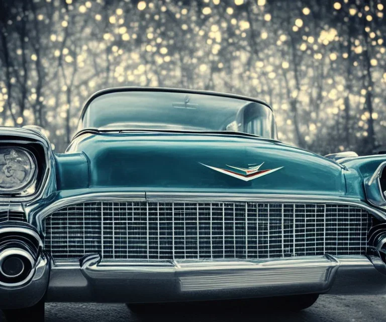 1957 Cadillac Eldorado Brougham. villain city. high speed. bokeh. lens flare. warm lights. high detailed. scifi fantasy.