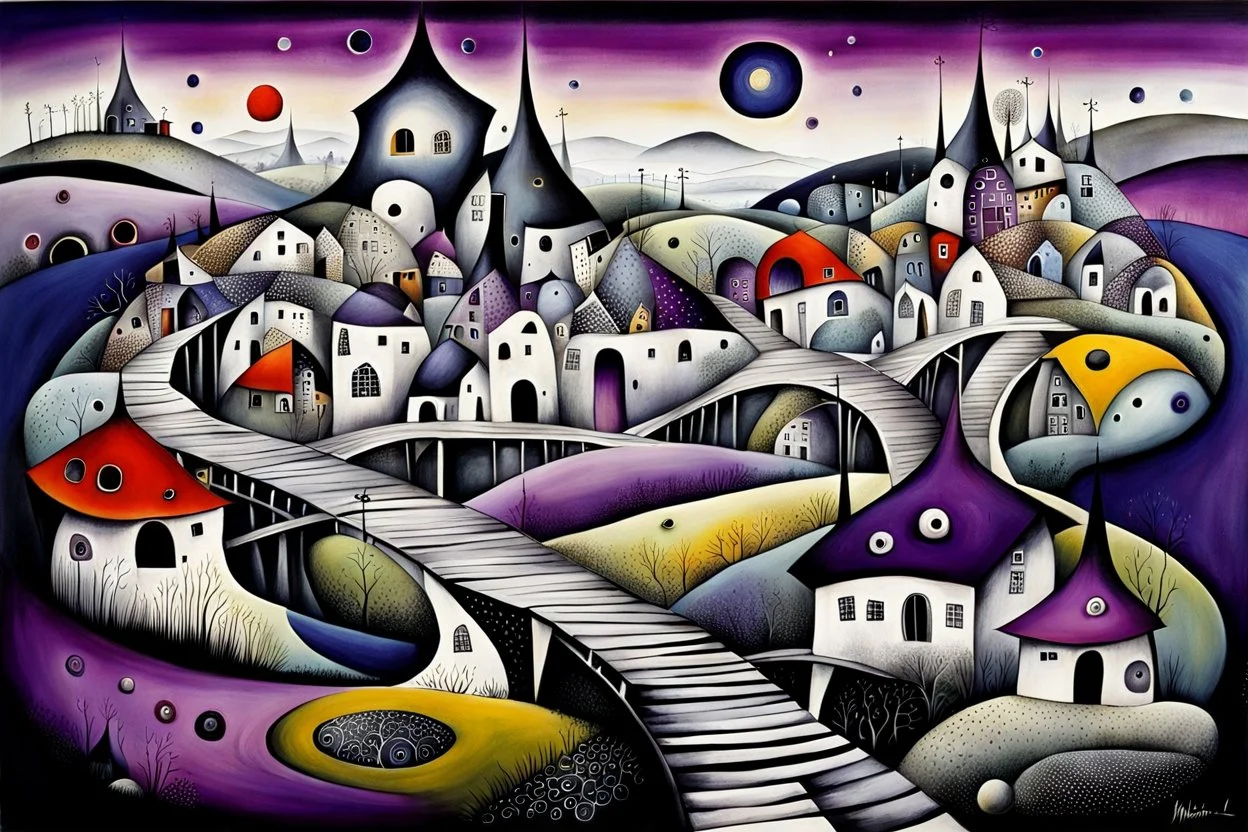 whimsical, weird ball-like houses stand in village in weird whimsical landscape with long bridges, , futur-surreal vibe with abstractions, around surreal cracked painted weird land with dark purple, gray, black, white, brown, and deep colors. style of Chagall , of Minjae Lee and Tim Burton, absurd beauty picture. weird bizarre absurd, nightmare, big neuron network background and thin bridges, surreal cinematic vibe