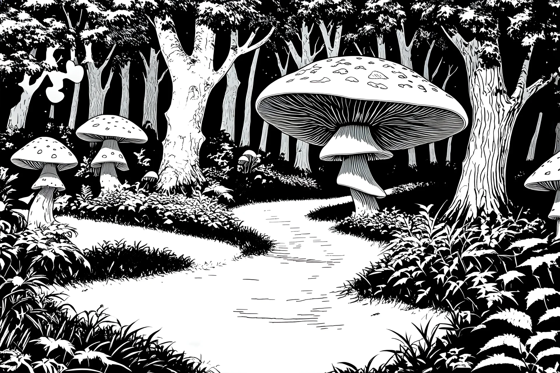 black and white line coloring page of winding path in mysterious woods with giant mushrooms