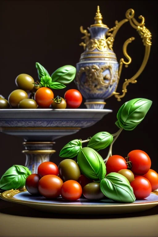 Italian Renaissance style still life consisting of a plate of ravioli with natural cherry tomato and basil accompanied by olives, moisture ambient, natural ornaments, ceramic, marble, high kitchen, smooth, god rays, unreal engine 5, ray tracing, RTX, lumen lighting, ultra detail, volumetric lighting, 3d.