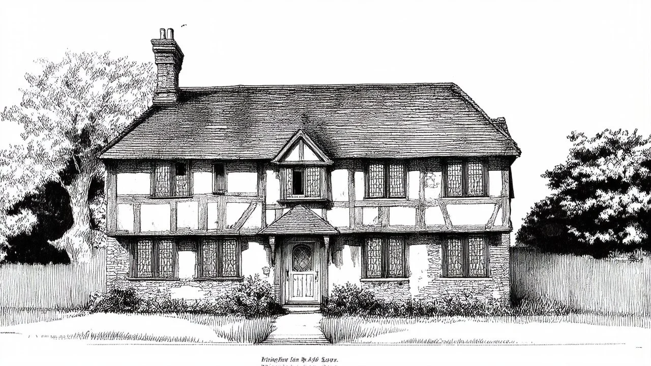 A front elevation fine-line pencil drawing of an old, dilapidated Tudor fantasy cottage.