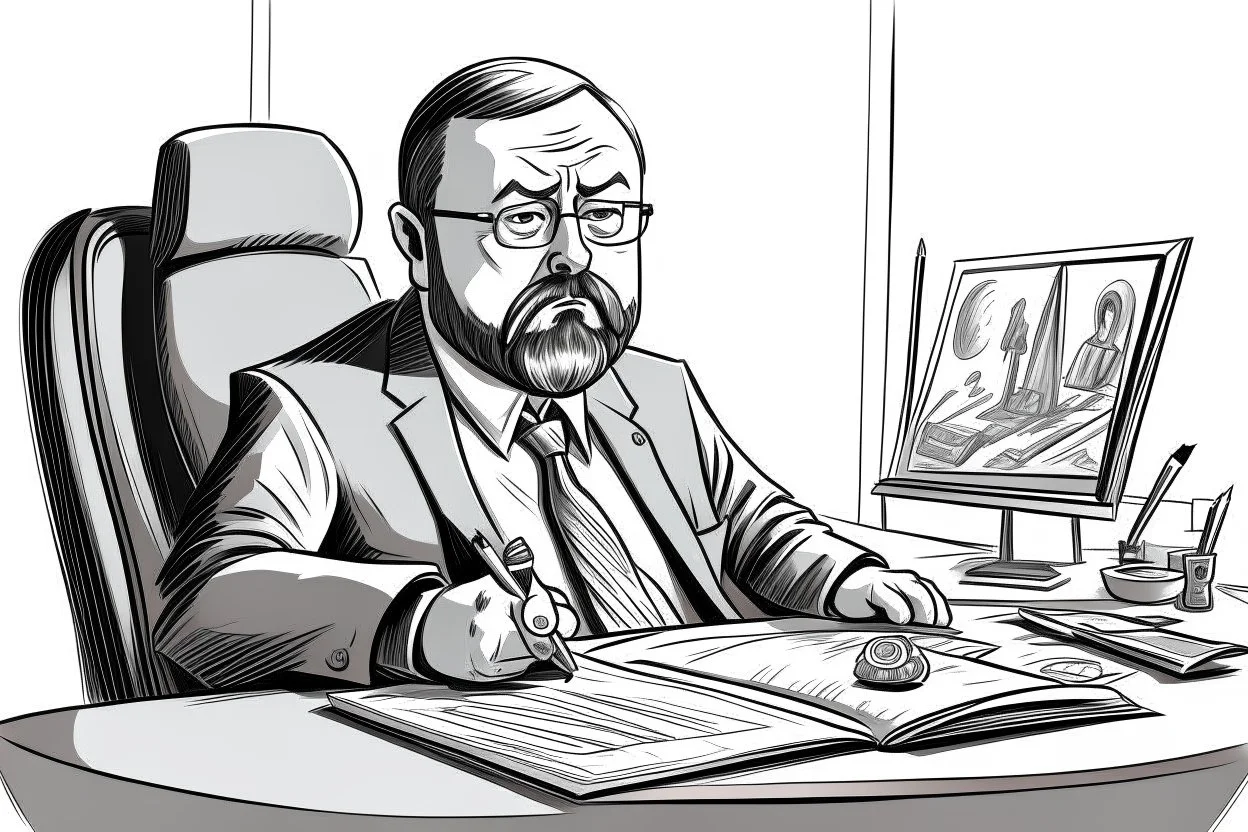 big russian man sitting at desk, portrait, speech, TV address, nametag, glasses, neck beard, short hair, mustache, suit; caricature style, sketch art; black and white; grayscale, pencil drawing