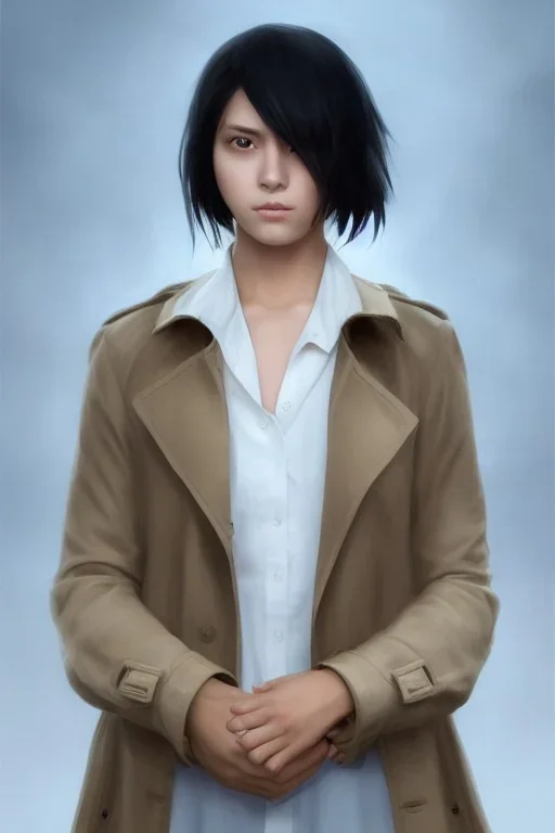 upper body portrait of a young girl from final fantasy live action, with short black hair and green eyes in a tan trenchcoat over a white shirt, award winning, masterpiece digital painting by greg rutkowski, alex grey, artstation, 4k wallpaper