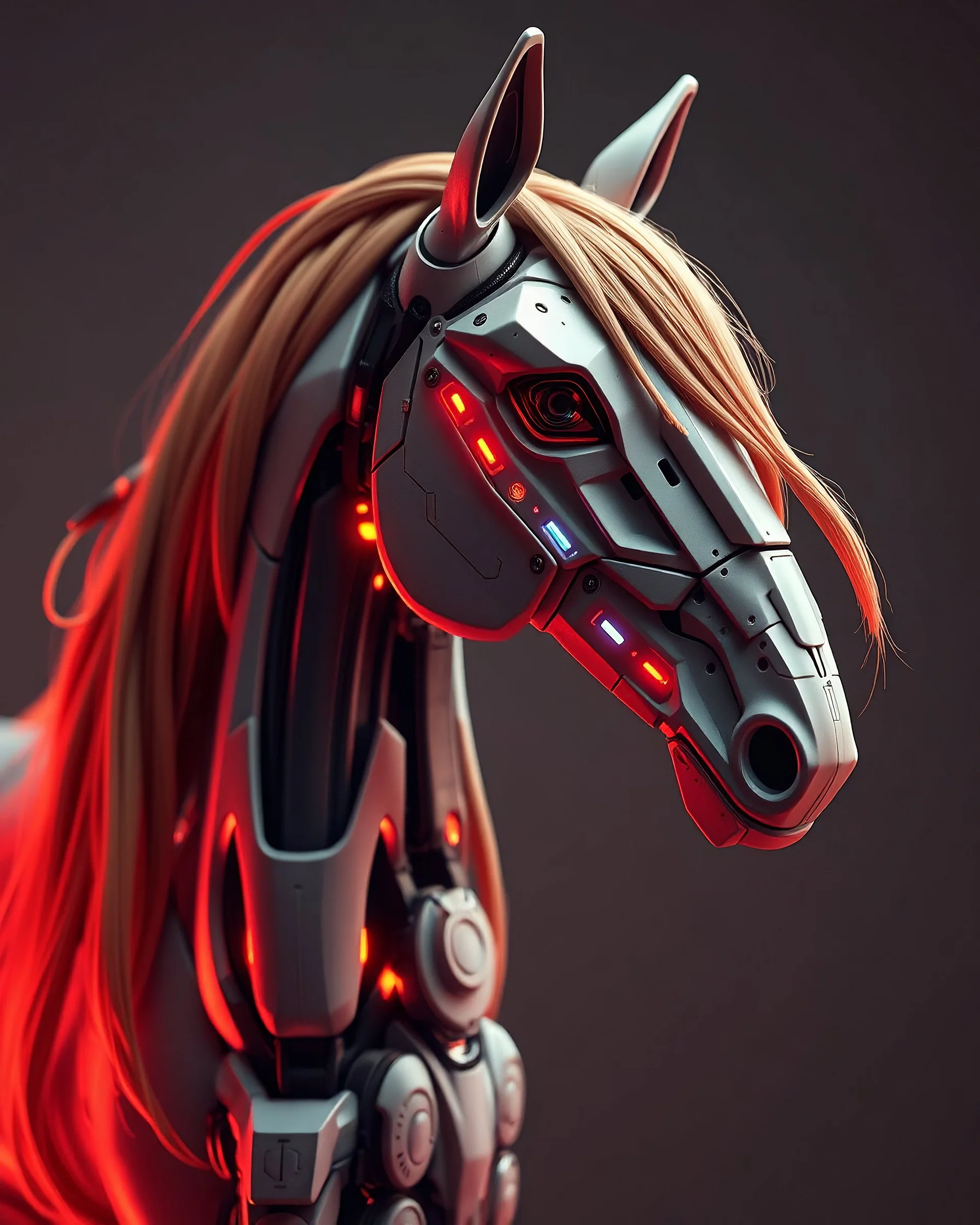 A futuristic robot horse with brown and blonde lighting effects in humanoid form.