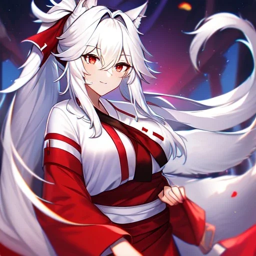 Clear focus, 8k, beautiful lighting, vibrant colors, fox girl, white hair, long hair, vibrant red eyes, ponytail, messy hair, hair in between the eyes, miko,