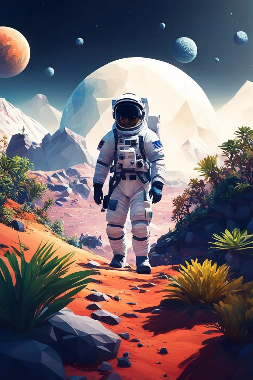 (((close midshot))), (((low poly art:2))), (astronaut), ultra-detailed illustration of an environment on a dangerous:1.2 exotic planet with plants and wild (animals:1.5), (vast open world), astroneer inspired, highest quality, no lines, no outlines candid photography. by Lekrot